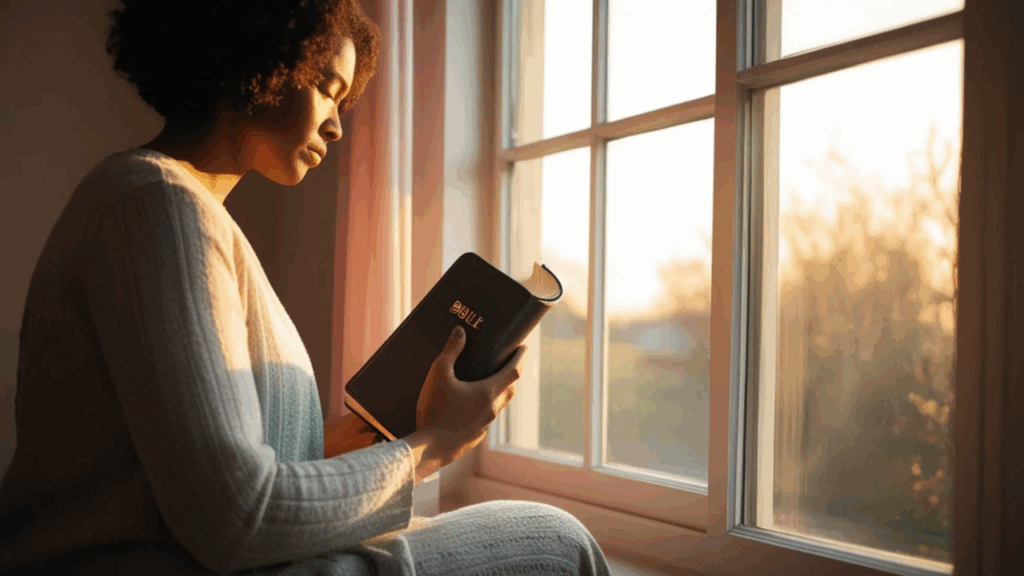 Christian woman reading her Bible by the window, reflecting on the Proverbs 31 Woman and self-esteem in God’s Word.