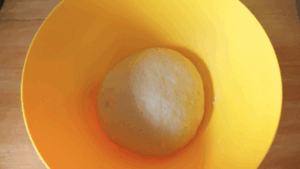 Kneaded dough in the mixing bowl ready to proof.