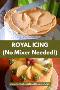 Decorating cake with easy royal icing recipe with orange food color, fresh orange wedges, and strawberries