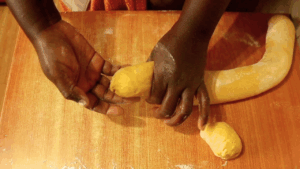 use the part between your thumb and index finger to pinch and seal the ends of each piece