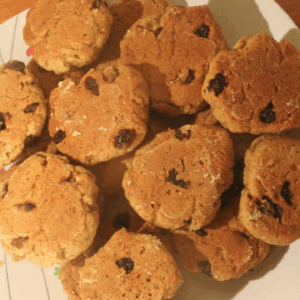 No-oven stovetop banana cookies served on a plate, soft and chewy with raisins.