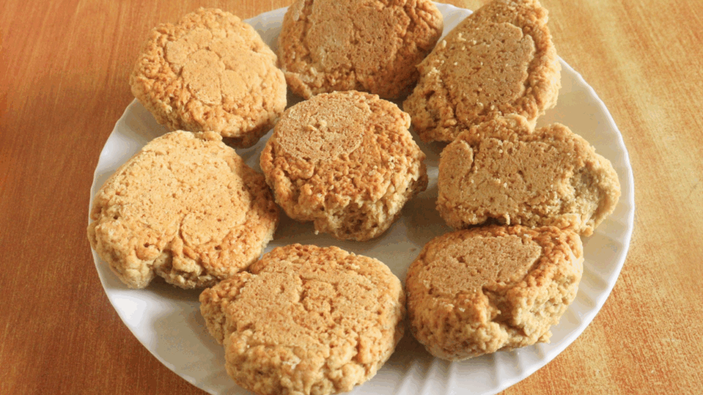 Golden, no oven crunchy tea scones served on a plate and ready for tea-time.
